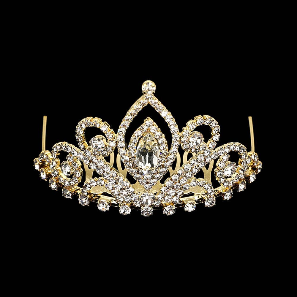 Rhinestone princess mini tiara with comb, gold, front view