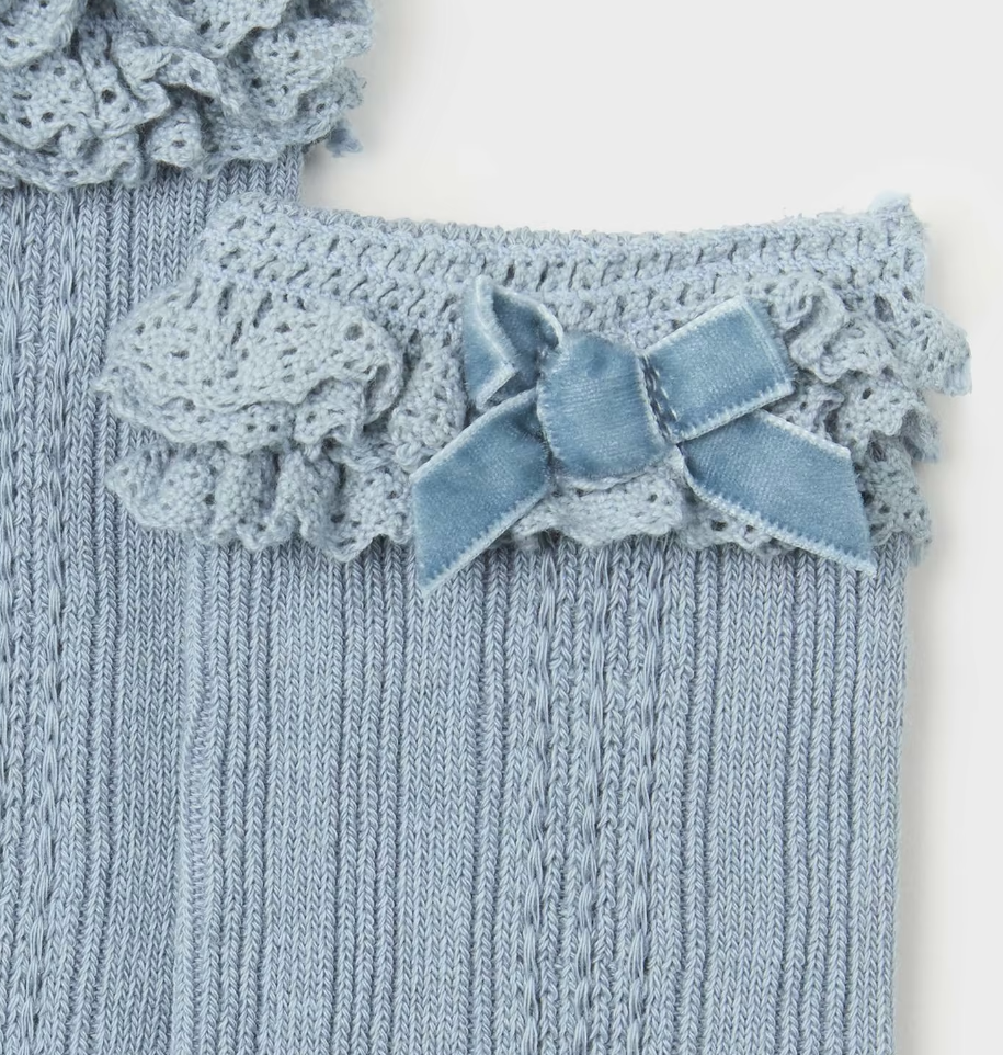 Mayoral toddler girl knit crochet lace & velvet bow knee socks, bluebell, view 2