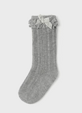 Mayoral toddler girl knit crochet lace & velvet bow knee socks, steel grey, front view