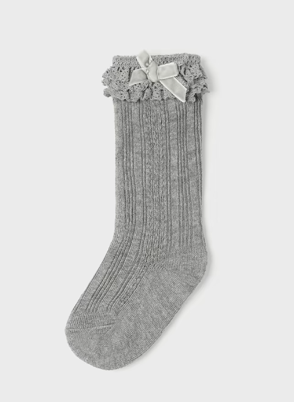 Mayoral toddler girl knit crochet lace & velvet bow knee socks, steel grey, front view
