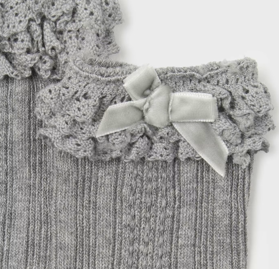 Mayoral toddler girl knit crochet lace & velvet bow knee socks, steel grey, view 2
