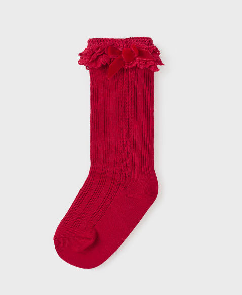 Mayoral toddler girl knit crochet lace & velvet bow knee socks, red, front view