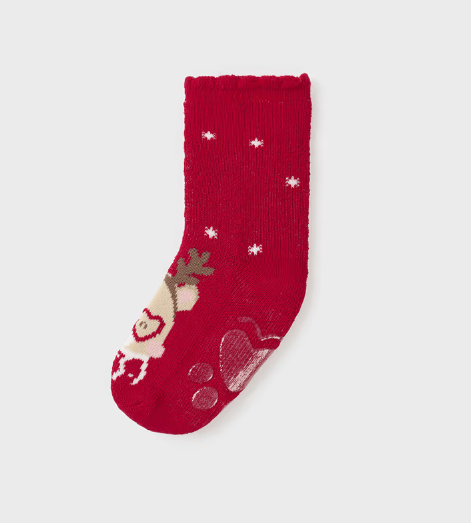 Mayoral eco toddler girls non-slip socks, red heart reindeer, front view