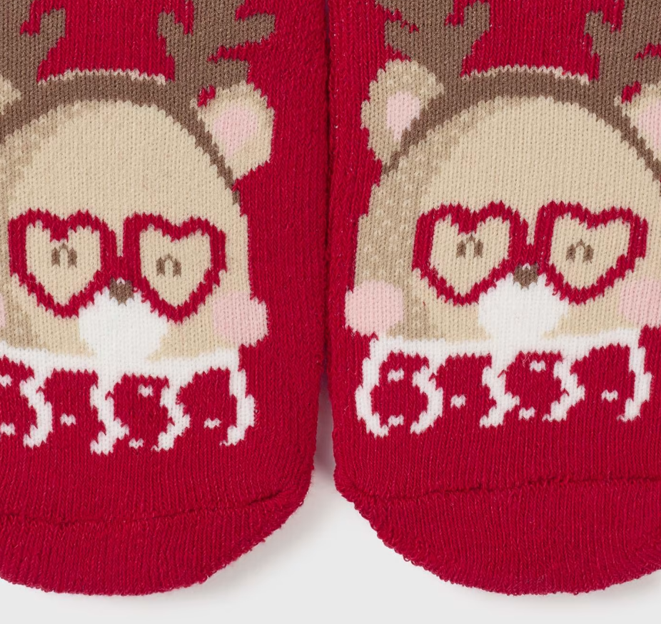 Mayoral eco toddler girls non-slip socks, red heart reindeer, view 2