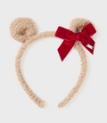 Mayoral toddler girl plush teddy bear ear headband with red velvet bow, camel, front view