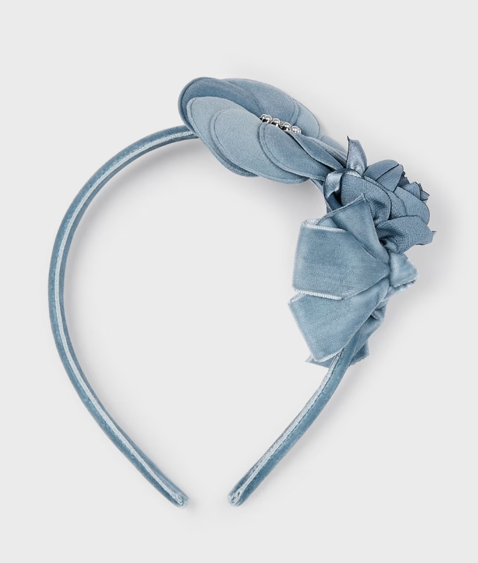 Mayoral girls velvet, satin & rhinestone headband bluebell, front view