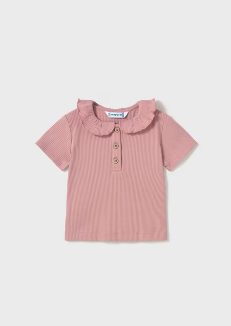 Mayoral baby ribbed ruffled collar henley polo, rose, front view