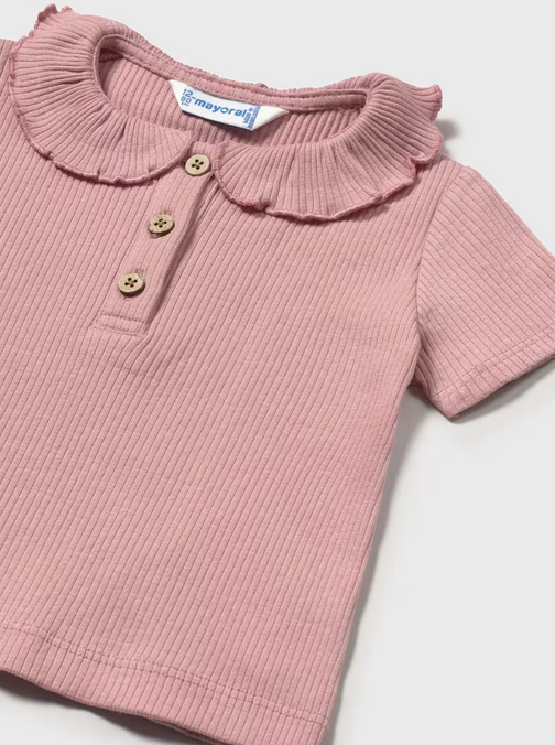 Mayoral baby ribbed ruffled collar henley polo, rose, view 3