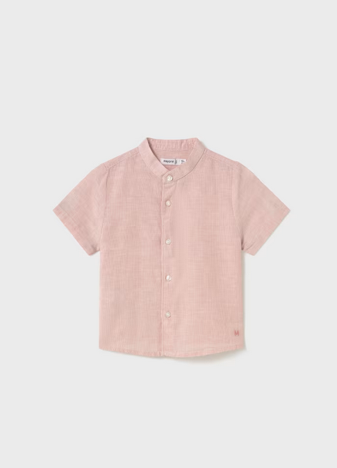 Mayoral baby eco-sustainable fine striped resort linen mao collar shirt, brick red, front view