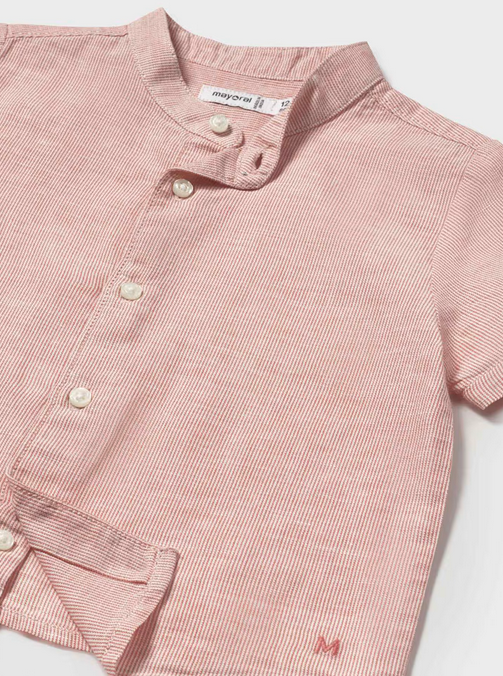 Mayoral baby eco-sustainable fine striped resort linen mao collar shirt, brick red, view 3
