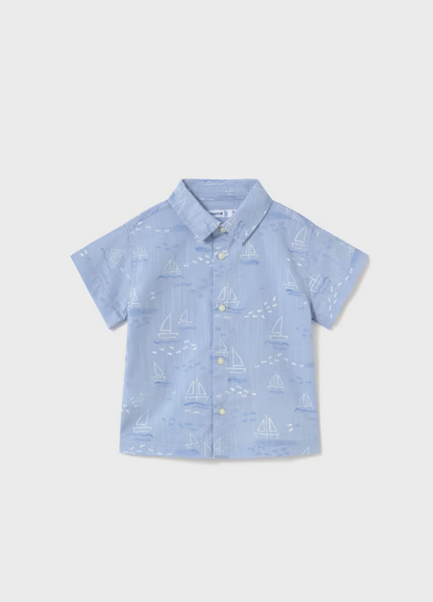 Mayoral baby nautical sailboat print collared shirt, blue boats, front view