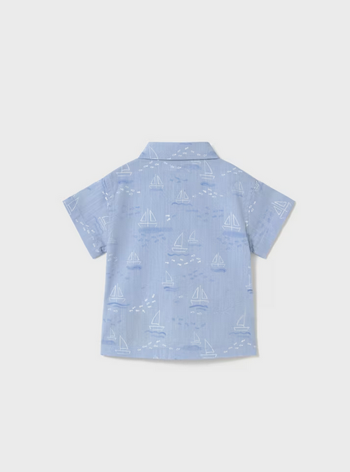 Mayoral baby nautical sailboat print collared shirt, blue boats, view 2