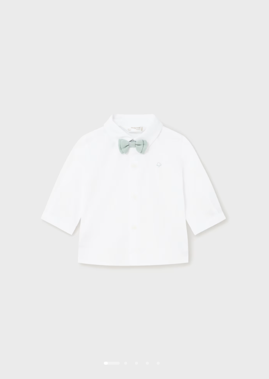 Mayoral baby long sleeve dress shirt with bowtie, white/lagoon sage, front view