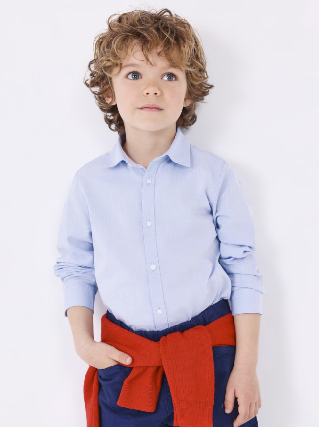 Mayoral boys button-up dress shirt, light blue, front view