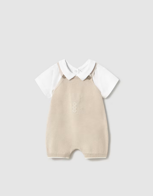 Mayoral baby classic knit overall romper & shirt set, neutral stone teddy bear, front view