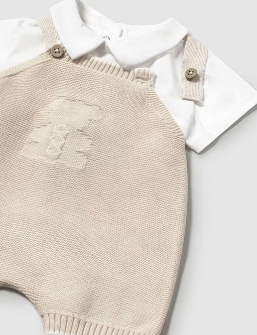 Mayoral baby classic knit overall romper & shirt set, neutral stone teddy bear, view 2