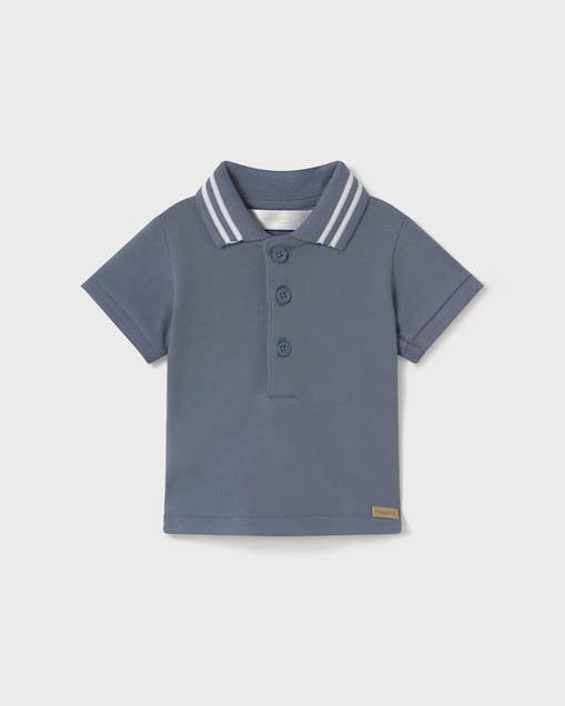 Mayoral baby boy short sleeve essential polo shirt, star chalky blue, front view