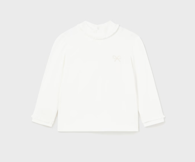 Mayoral toddler girl ruffled knit mockneck, natural white, front view