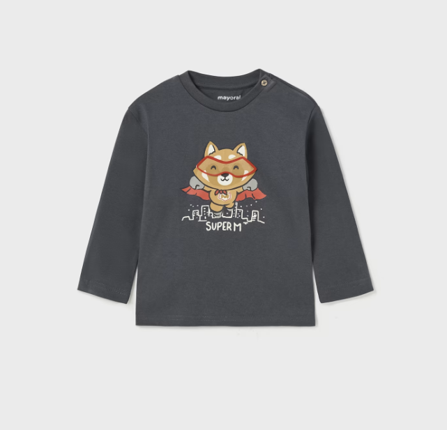 Mayoral toddler boy flip flap long sleeve t-shirt, charcoal super fox, front view