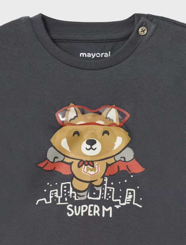Flip Flap L/S TShirt - Charcoal Super Fox - Close-up Fox with Flipped Mask