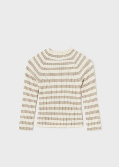 Mayoral baby girl natural striped knit mockneck, bark, front view