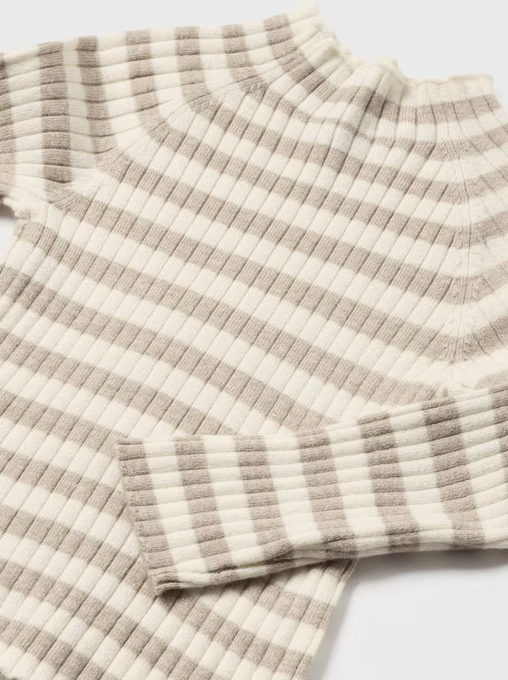 Mayoral baby girl natural striped knit mockneck, bark, view 2