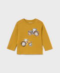Mayoral toddler boy long sleeve lift-the-flap interactive play t-shirt, mustard farm tractor, front view