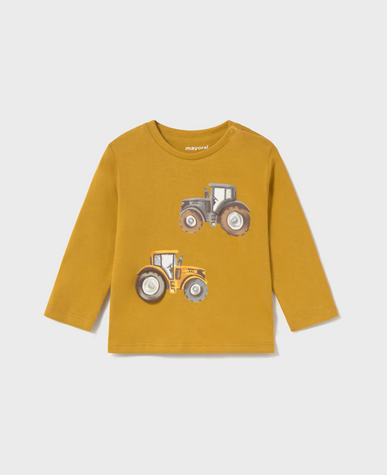 Mayoral toddler boy long sleeve lift-the-flap interactive play t-shirt, mustard farm tractor, front view