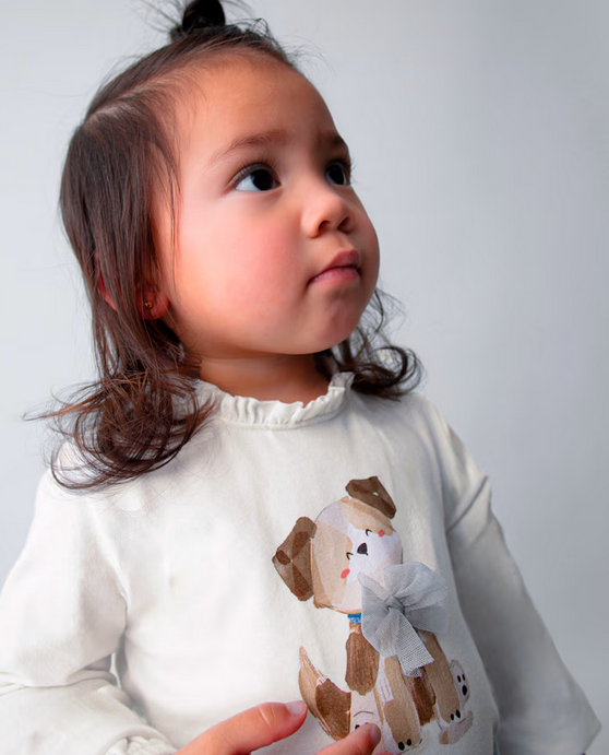 Mayoral toddler girl eco-sustainable cotton long sleeve 3d tulle graphic t-shirt, puppy bow, cream, view 6