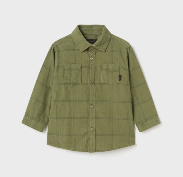 Mayoral toddler boy micro corduroy button-up overshirt, bayleaf green, front view