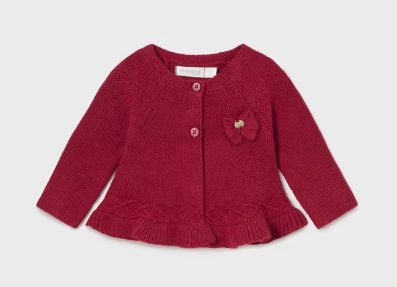Mayoral baby girl ruffled edge knit cardigan, cherry red, front view
