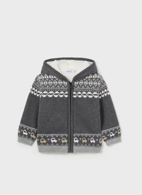 Mayoral baby knit zip-up cardigan, charcoal, front view