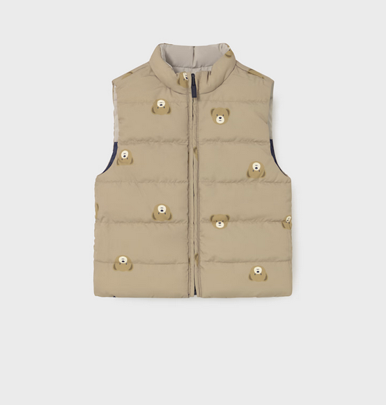 Mayoral toddler boy eco-recycled materials reversible puffer vest, teddy bear color block navy, front view