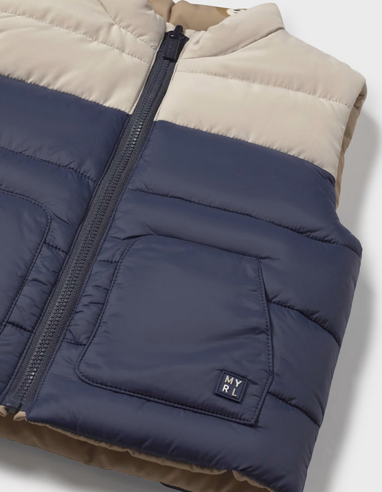 Mayoral toddler boy eco-recycled materials reversible puffer vest, teddy bear color block navy, view 3
