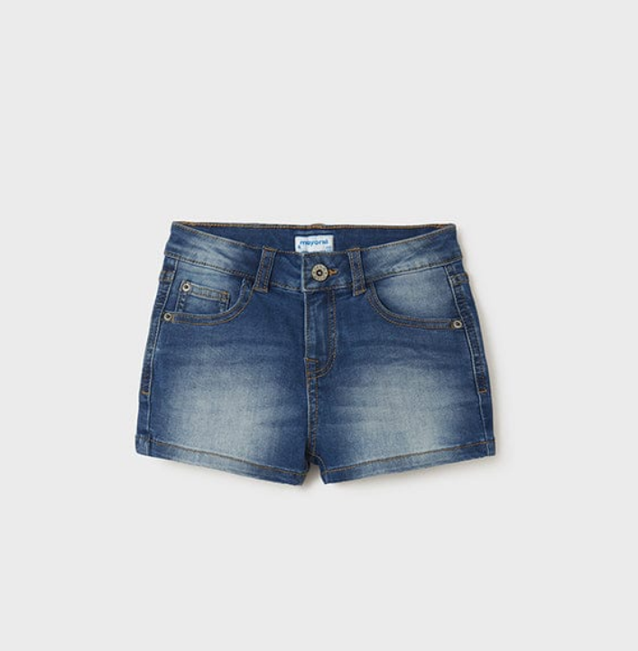 Mayoral tween girls eco-sustainable cotton denim shorts, medium wash, front view