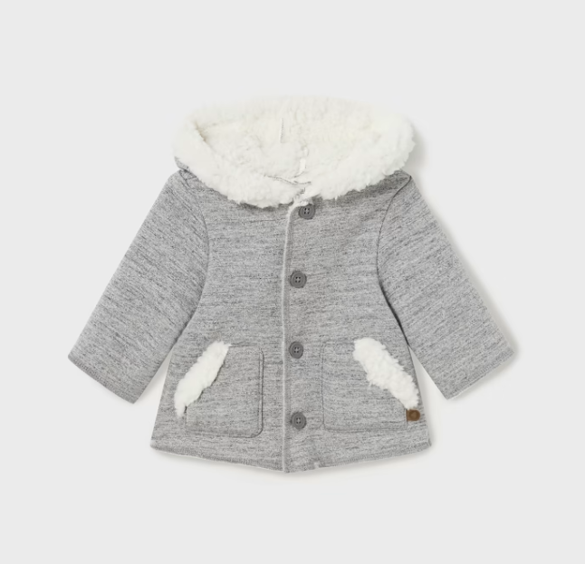 Mayoral baby soft shearling lined hooded car coat, grey, front view