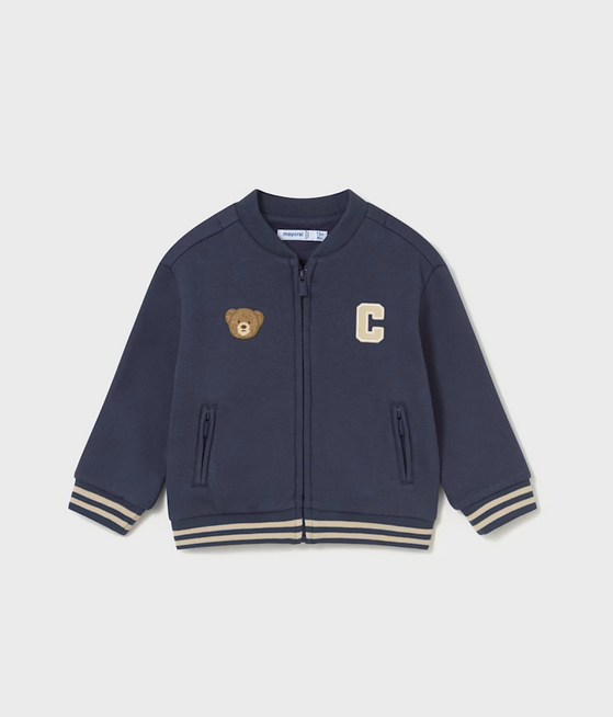 Mayoral toddler boy letterman bomber jacket, midnight blue teddy bear, front view