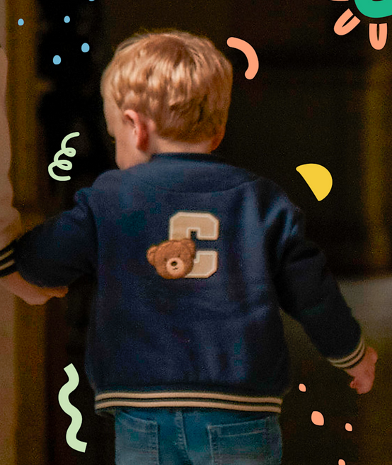 Mayoral toddler boy letterman bomber jacket, midnight blue teddy bear, view 5