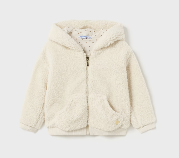 Mayoral toddler girl hooded curly faux fur ear zip-up jacket, natural chickpea, front view