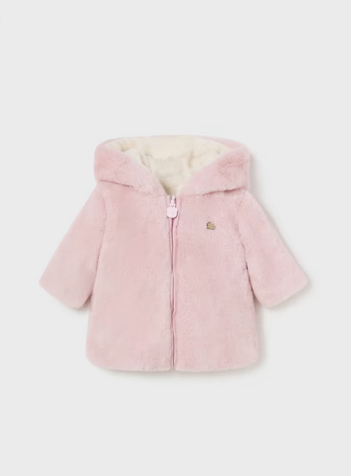 Mayoral baby girl reversible faux fur coat, blush, front view