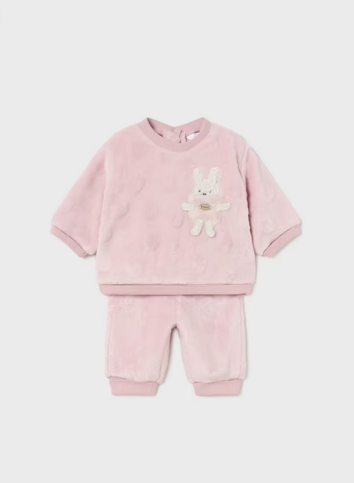 Mayoral baby velour bunny jogger set, blush, front view