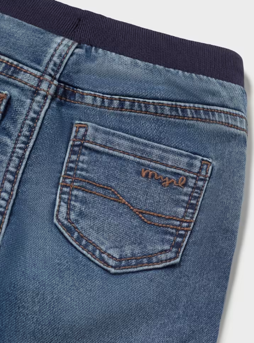 Mayoral toddler boy medium blue soft denim jogger pants, close-up of the knit waistband and back pocket