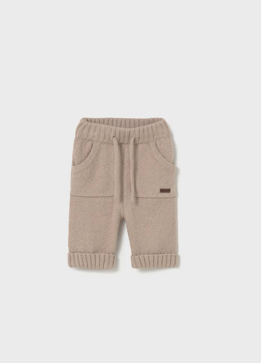 Mayoral baby kangaroo pocket knit soft plush pants, dune sand, front view