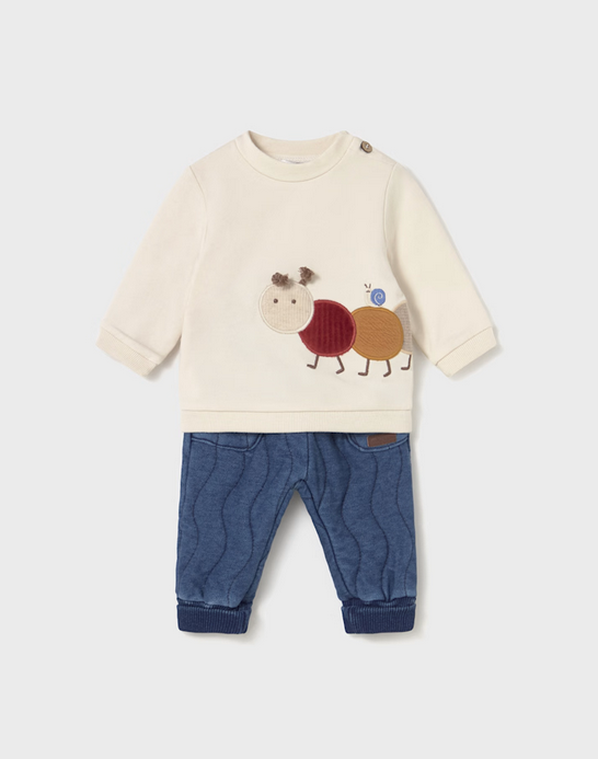 Mayoral baby boy 2 piece quilted denim joggers and 3d applique sweatshirt set, pottery caterpillar, front view