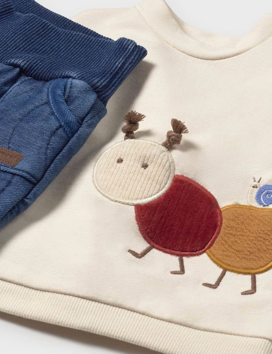Mayoral baby boy 2 piece quilted denim joggers and 3d applique sweatshirt set, pottery caterpillar, view 3