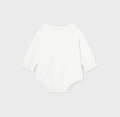 Mayoral baby girl long sleeve ruffled collar bodysuit, natural white, front view