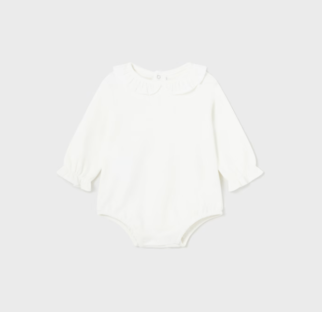Mayoral baby girl long sleeve ruffled collar bodysuit, natural white, front view