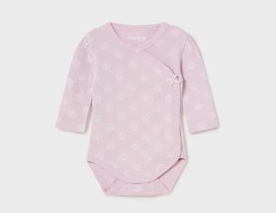 Mayoral baby girl long sleeve kimono snap bodysuit, violet 2 piece set, front view