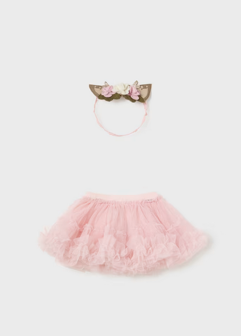 Mayoral baby girl tutu and deer ear headband set, baby rose, front view