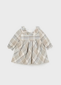 Mayoral baby girl plaid ruffle neck dress, walnut, front view